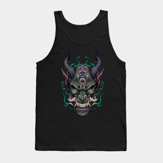 Japanese Black Dragon Yokai Mask Tank Top by Mang Kumis